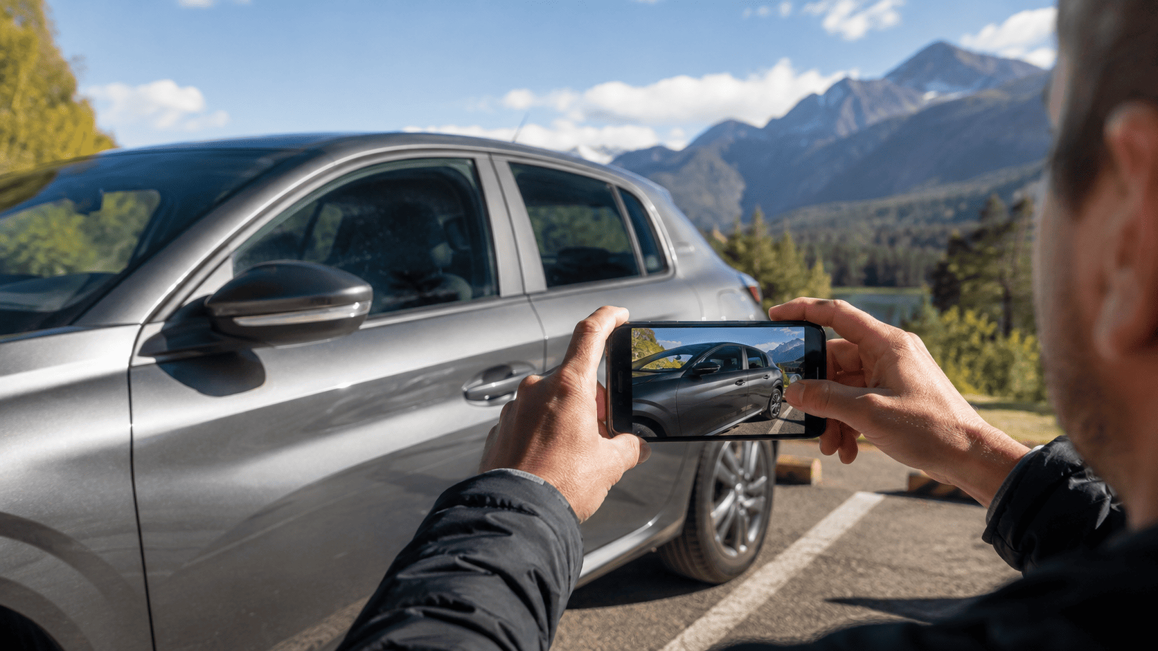 Llegada al aeropuerto de Bariloche con autos estacionados y montañas al fondo