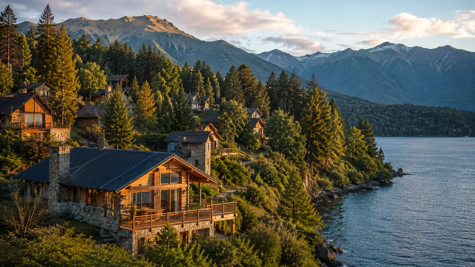 Villa La Angostura junto al lago Nahuel Huapi rodeada de bosque