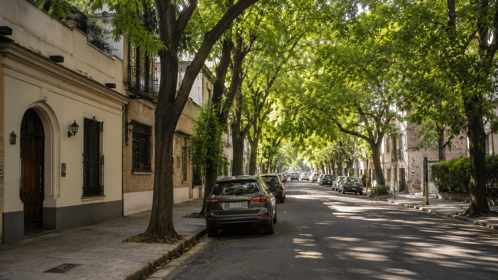 Auto estacionado en una calle arbolada de Palermo, Buenos Aires