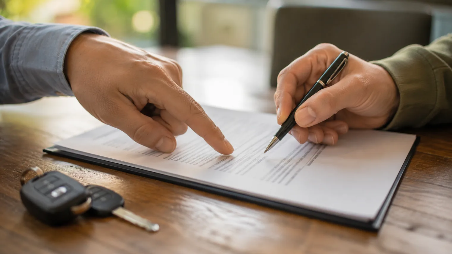 Contrato de renta de auto sobre una mesa con llaves y bolígrafo