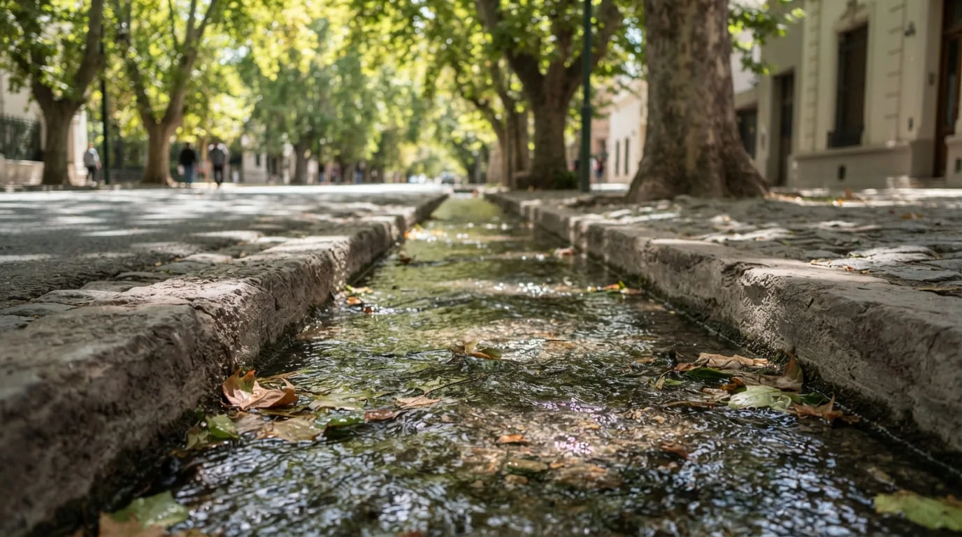 Acequia con agua corriendo al costado de una calle arbolada de Mendoza