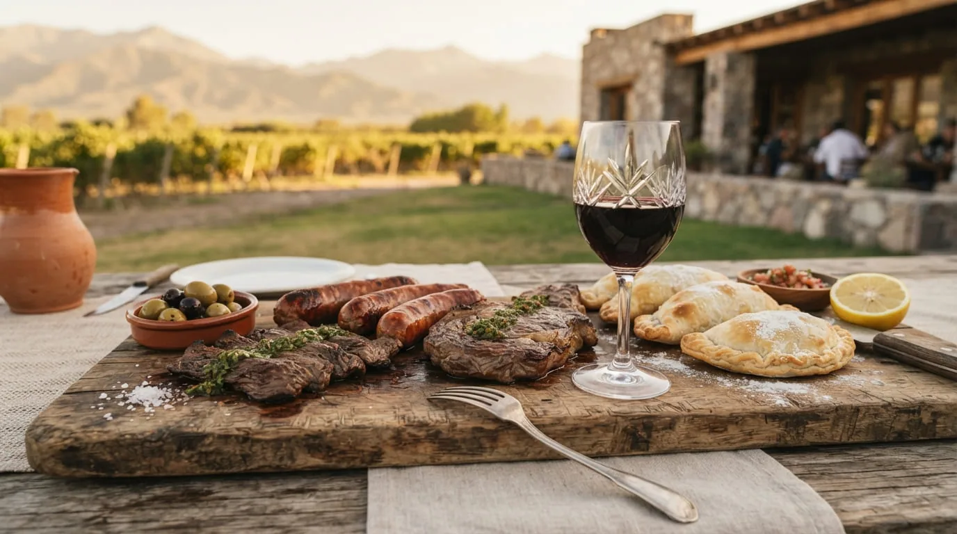 Asado mendocino con empanadas y una copa de Malbec