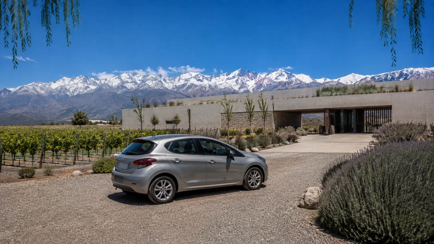 Auto estacionado frente a una bodega del Valle de Uco en Mendoza