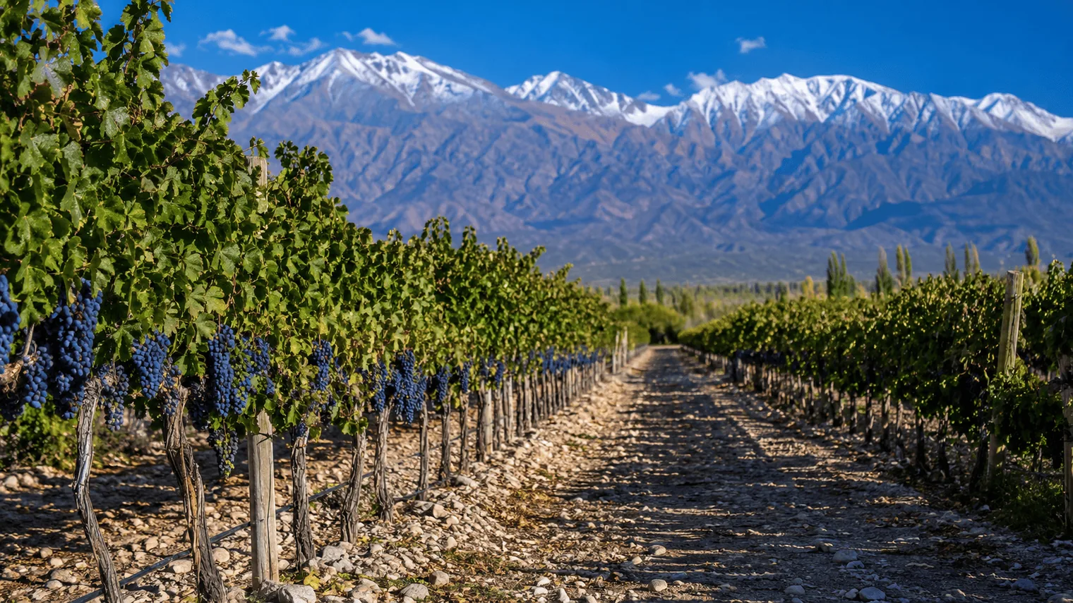 Viñedos de Malbec en Mendoza con la cordillera de los Andes al fondo