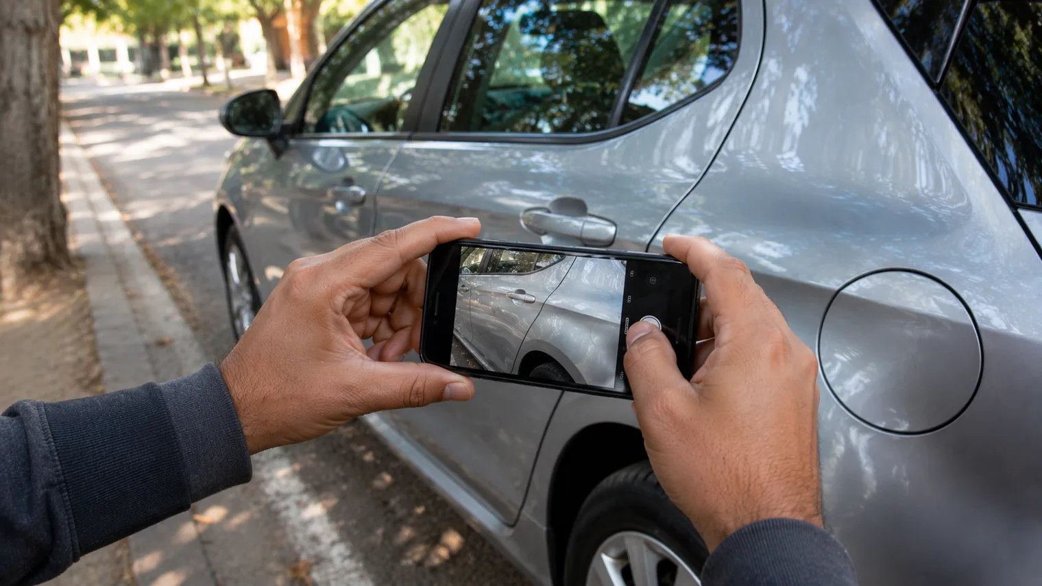 Persona revisando y fotografiando el estado de un auto antes de alquilarlo