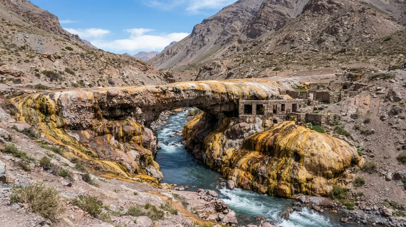 Puente del Inca, formación natural de color ocre sobre el río en Mendoza