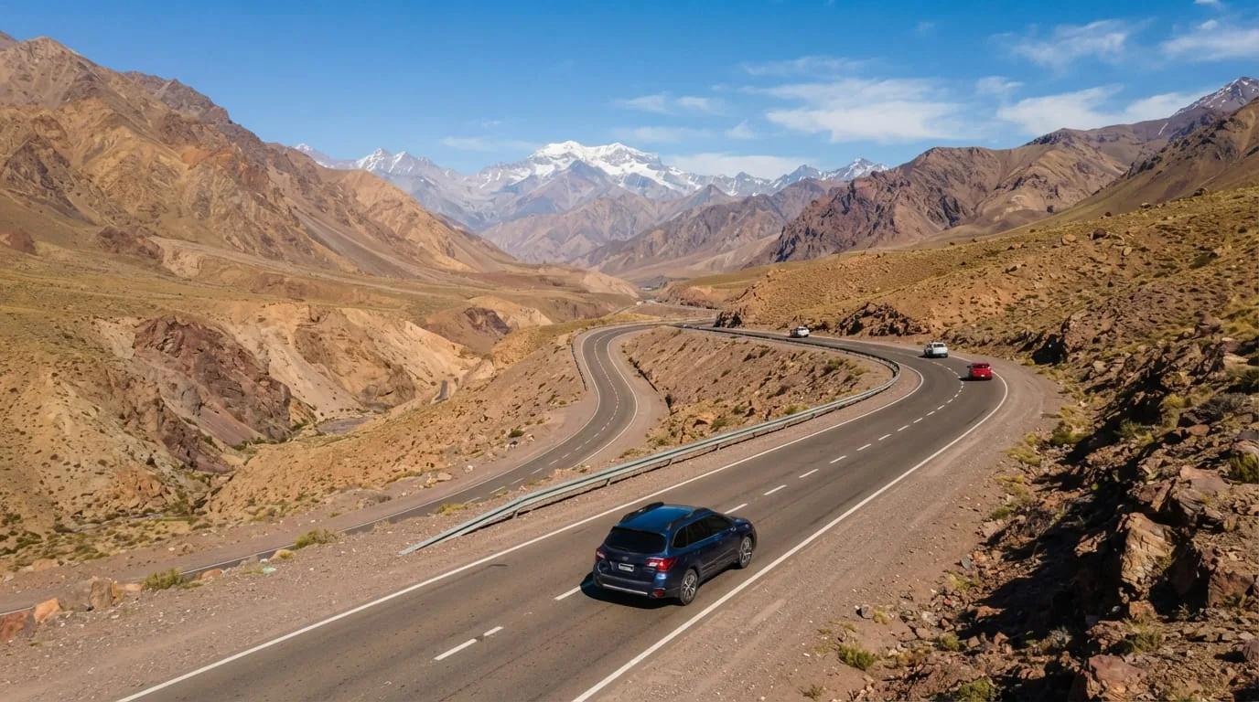 Auto circulando por la Ruta 7 rumbo a la cordillera en Mendoza