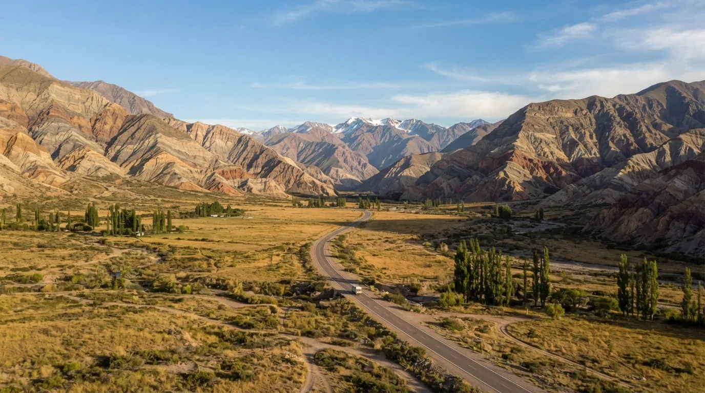Ruta 7 atravesando el valle de Uspallata entre montañas de colores